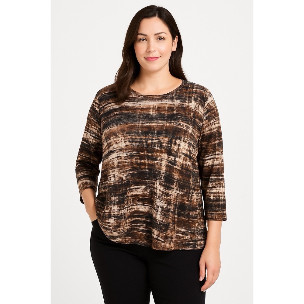 BonWorth XL 3/4 Sleeve‎ Abstract Brown Black Top Stretch Knit Blouse